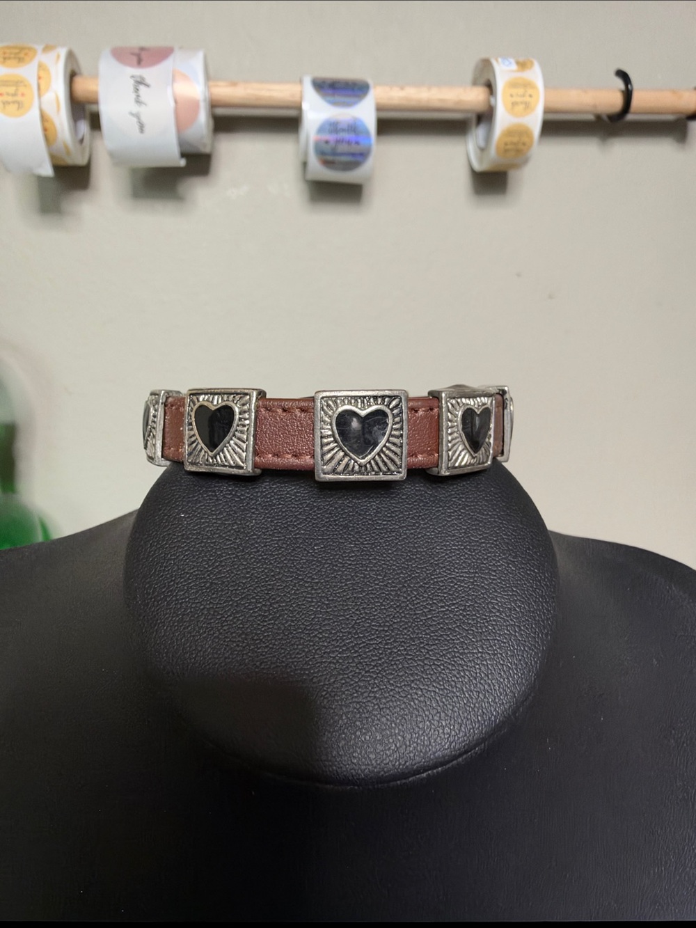 Brown Leather Slider Western Boho Heart Accent Bracelet